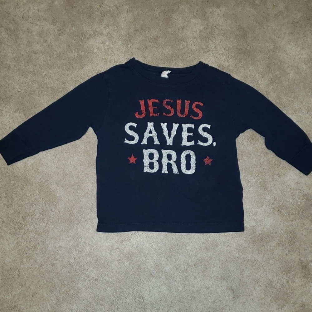 "Jesus Saves Bro" size 2T navy long sleeve shirt